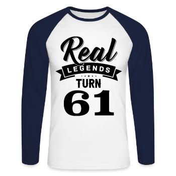 Real Legends fête ses 61 ans, 61 ans - T-shirt baseball manches longues Homme - blanc/marine - Devant - Nik (191cm)
