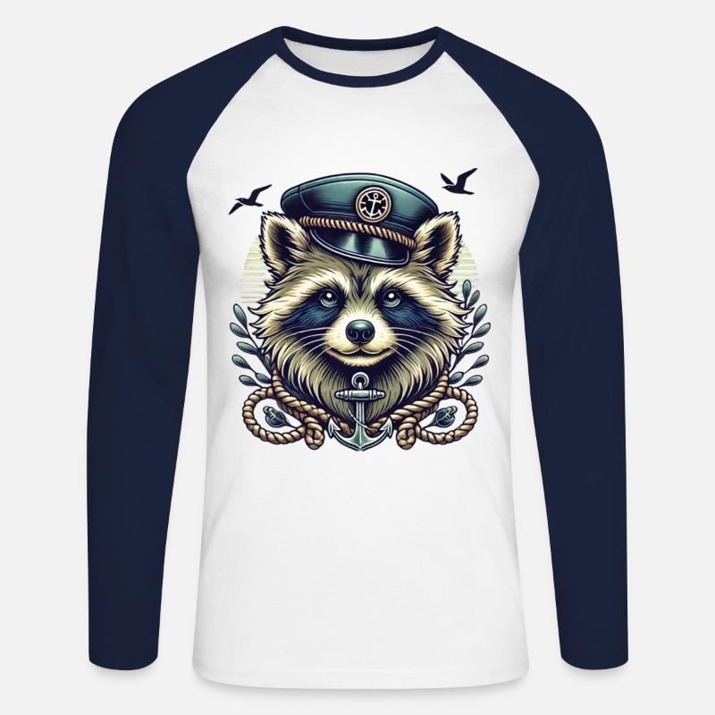 Maritimer Waschbär im SeemannslooK - Unisex Baseballshirt langarm - Weiß/Navy
