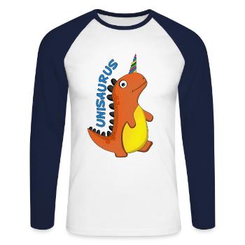 Einhorn Dinosaurier Dino Tierliebe Geschenk - Unisex Baseballshirt langarm - Weiß/Navy - Vorne - Nik (191cm)