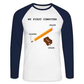 Ordinateur PC Imprimantes Écriture - T-shirt baseball manches longues Homme - blanc/marine - Devant - Nik (191cm)