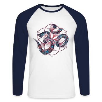 Spirituelles Om Zeichen Psychedelisches Muster - Unisex Baseballshirt langarm - Weiß/Navy - Vorne - Nik (191cm)