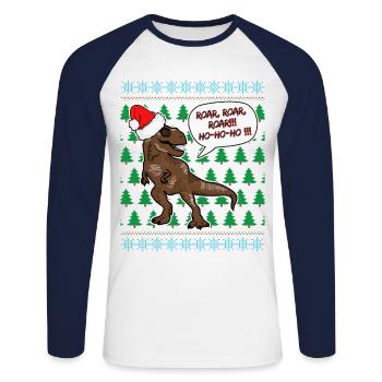 T Rex Christmas Jumper Fan de dinosaures de Noël - T-shirt baseball manches longues Homme - blanc/marine - Devant - Nik (191cm)
