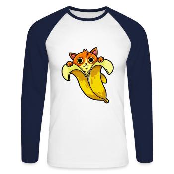 Chat banane Bananya chat de compagnie cadeau - T-shirt baseball manches longues Homme - blanc/marine - Devant - Nik (191cm)