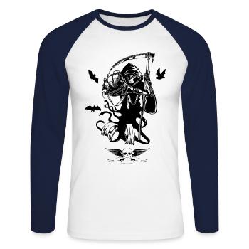 tod tot sensenmann friedhof halloween shirt - Unisex Baseballshirt langarm - Weiß/Navy - Vorne - Nik (191cm)