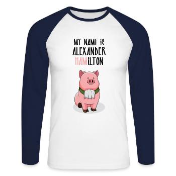 Alexander Hamilton cochon porcelet jambon - T-shirt baseball manches longues Homme - blanc/marine - Devant - Nik (191cm)