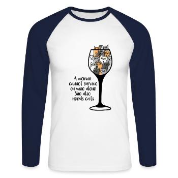 Wine and Cats Wine Glass Kitten Mrs. Woman Wine - Unisex Long Sleeve Baseball T-Shirt - white/navy - Front - Nik (191cm)