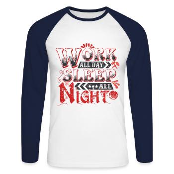 Hart arbeiten entspannt schlafen - Unisex Baseballshirt langarm - Weiß/Navy - Vorne - Nik (191cm)