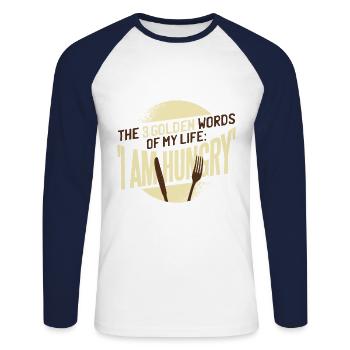 3 words - I'm hungry - Unisex Long Sleeve Baseball T-Shirt - white/navy - Front - Nik (191cm)