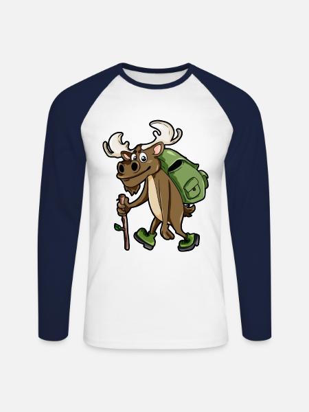 Hiking Hikers Moose Reindeer Cartoon - Unisex Long Sleeve Baseball T-Shirt - white/navy