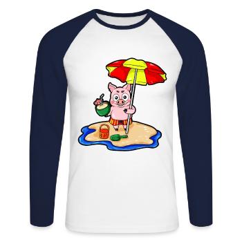 Cochon sur la plage avec un cocktail de vacances Cartoon - T-shirt baseball manches longues Homme - blanc/marine - Devant - Nik (191cm)