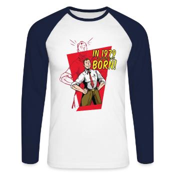 A legend was born in 1979 - Unisex Long Sleeve Baseball T-Shirt - white/navy - Front - Nik (191cm)