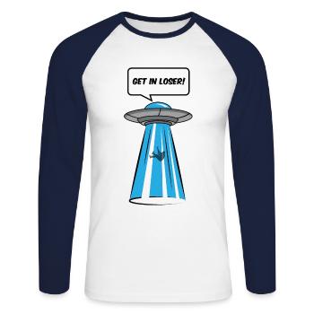 Get In Loser Alien Ufo Alien Gift - Unisex Long Sleeve Baseball T-Shirt - white/navy - Front - Nik (191cm)