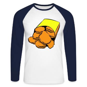 Cadeau de restauration rapide pépite de poulet Noug Nuggs - T-shirt baseball manches longues Homme - blanc/marine - Devant - Nik (191cm)