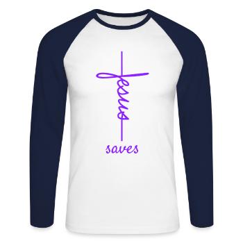 Dons chrétiens Christianisme Jésus Bible - T-shirt baseball manches longues Homme - blanc/marine - Devant - Nik (191cm)
