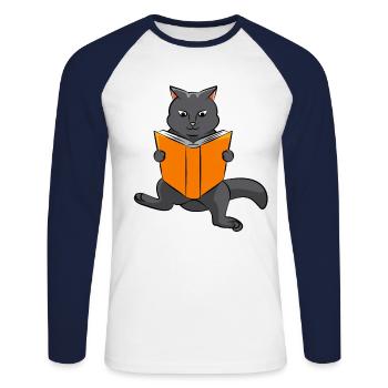 Katze Kätzchen Buch Lesen Bücherwurm Geschenk - Unisex Baseballshirt langarm - Weiß/Navy - Vorne - Nik (191cm)
