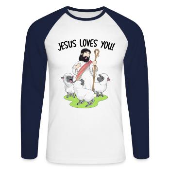Jésus t'aime! - T-shirt baseball manches longues Homme - blanc/marine - Devant - Nik (191cm)