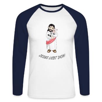 Jesus liebt dich! - Unisex Baseballshirt langarm - Weiß/Navy - Vorne - Nik (191cm)