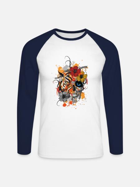 TIGER and SKULL - Unisex Long Sleeve Baseball T-Shirt - white/navy