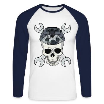 Mécanicien Automobile Mécanicien Machine Crâne - T-shirt baseball manches longues Homme - blanc/marine - Devant - Nik (191cm)