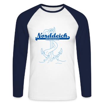 Heimathafen Norddeich - Unisex Baseballshirt langarm - Weiß/Navy - Vorne - Nik (191cm)