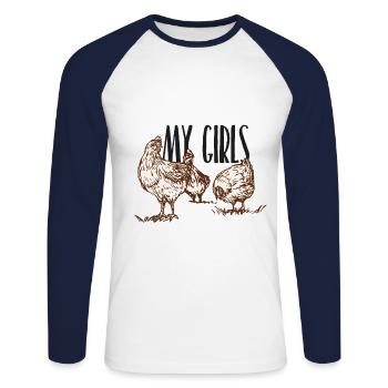 Mes filles poulets poulet ferme agriculture - T-shirt baseball manches longues Homme - blanc/marine - Devant - Nik (191cm)