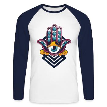 Main avec œil - art abstrait - T-shirt baseball manches longues Homme - blanc/marine - Devant - Nik (191cm)