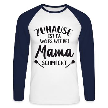 zuhause ist da wo es wie bei mama schmeckt - Unisex Baseballshirt langarm - Weiß/Navy - Vorne - Nik (191cm)