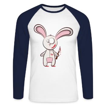 Horror Comic Cartoon Hase - Unisex Baseballshirt langarm - Weiß/Navy - Vorne - Nik (191cm)