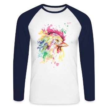 Poulet coloré dessiné | Idée de cadeau - T-shirt baseball manches longues Homme - blanc/marine - Devant - Nik (191cm)