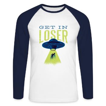 Alien T-Shirt Men and Alien T-Shirt Women funny - Unisex Long Sleeve Baseball T-Shirt - white/navy - Front - Nik (191cm)