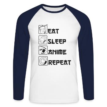 Eating Sleep Anime Repeat T-Shirt Anime - Unisex Long Sleeve Baseball T-Shirt - white/navy - Front - Nik (191cm)