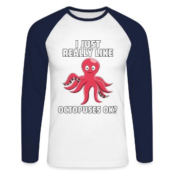 Octopus Krake Tintenfisch Oktopus Fische Geschenk - T-shirt baseball manches longues Homme - blanc/marine - Devant - Nik (191cm)
