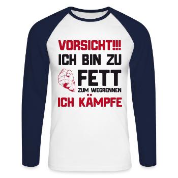 Lustiger Spruch für Dicke ich bin zu fett - Unisex Baseballshirt langarm - Weiß/Navy - Vorne - Nik (191cm)
