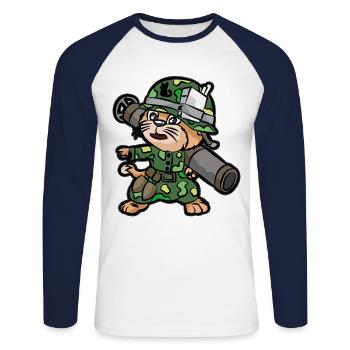 Katze mit Bazooka Panzerfaust Soldat Soldatin - Unisex Baseballshirt langarm - Weiß/Navy - Vorne - Nik (191cm)
