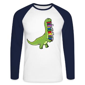 Dinosaurier Dino Buch Lesen Bücherwurm Bücher - Unisex Baseballshirt langarm - Weiß/Navy - Vorne - Nik (191cm)