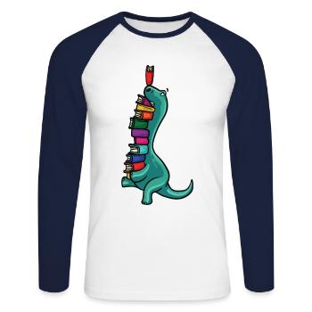 Dinosaurier Dino Buch Lesen Bücherwurm Bücher - Unisex Baseballshirt langarm - Weiß/Navy - Vorne - Nik (191cm)