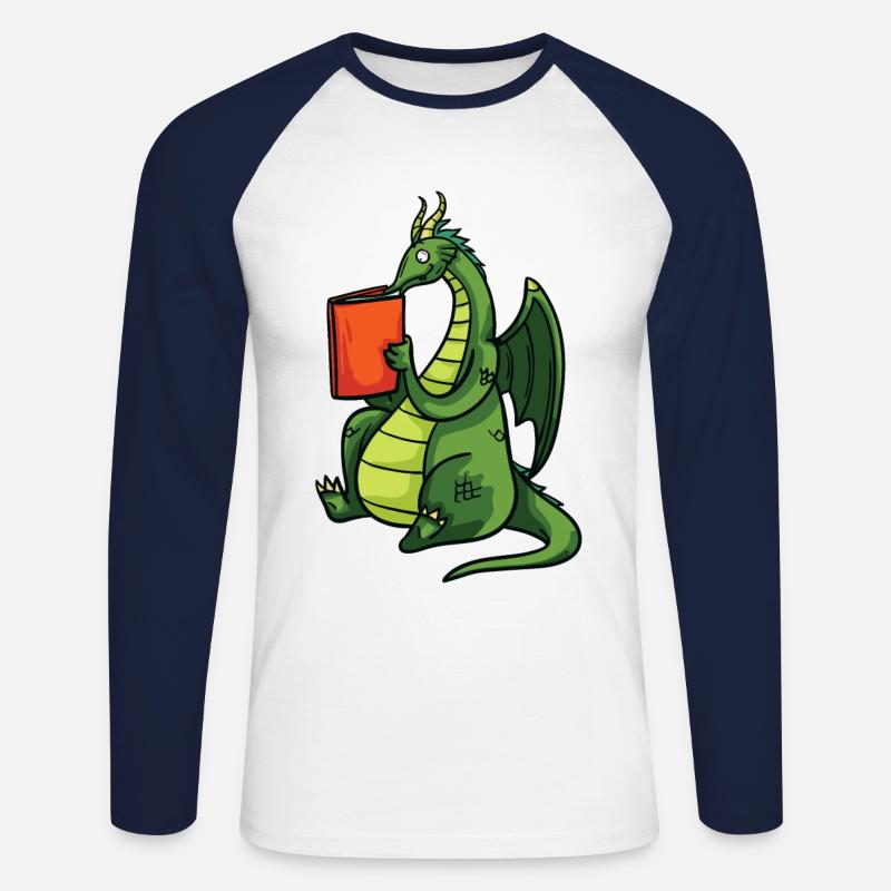 Drache Bücher Buch Lesen Bücherwurm Geschenk - Unisex Baseballshirt langarm - Weiß/Navy