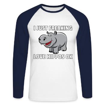 Hippo Nilpferd Flusspferd Safari Lustiges Süßes - Unisex Baseballshirt langarm - Weiß/Navy - Vorne - Nik (191cm)