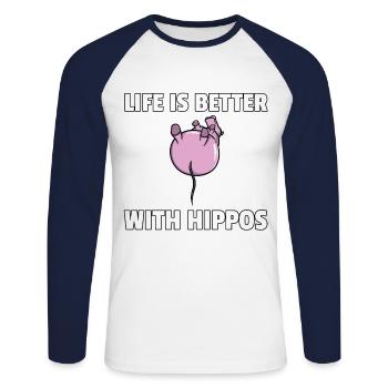 Hippo Nilpferd Flusspferd Safari Lustiges Süßes - Unisex Baseballshirt langarm - Weiß/Navy - Vorne - Nik (191cm)