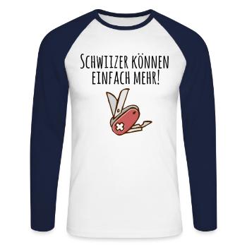 Schweizer können einfach mehr Tshirt Schweizer - Unisex Baseballshirt langarm - Weiß/Navy - Vorne - Nik (191cm)