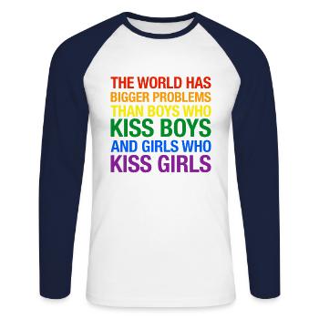 Gay Pride LGBT - The World Has Bigger Problems - Unisex Long Sleeve Baseball T-Shirt - white/navy - Front - Nik (191cm)