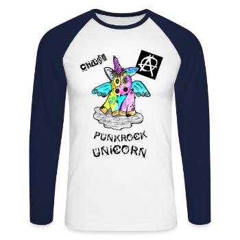 Einhorn Punk Rock Konzert Festival Shirt - Unisex Baseballshirt langarm - Weiß/Navy - Vorne - Nik (191cm)