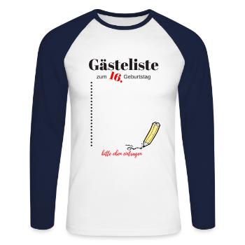 Gästeliste zum 16. Geburtstag - Unisex Baseballshirt langarm - Weiß/Navy - Vorne - Nik (191cm)