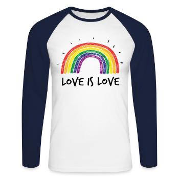 Love is love Gay Pride Rainbow - Unisex Long Sleeve Baseball T-Shirt - white/navy - Front - Nik (191cm)