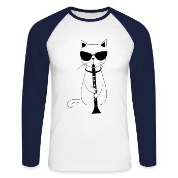 Lustige Katzen-tragende Sonnenbrille, die Oboe T-Shirt spielt - Unisex Baseballshirt langarm - Weiß/Navy - Vorne - Nik (191cm)
