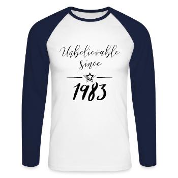 1983 tshirts and gifts unbelievable since 1983 - Unisex Long Sleeve Baseball T-Shirt - white/navy - Front - Nik (191cm)