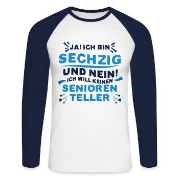 60. Geburtstag lustiger Spruch zum sechzigsten - Unisex Baseballshirt langarm - Weiß/Navy - Vorne - Nik (191cm)