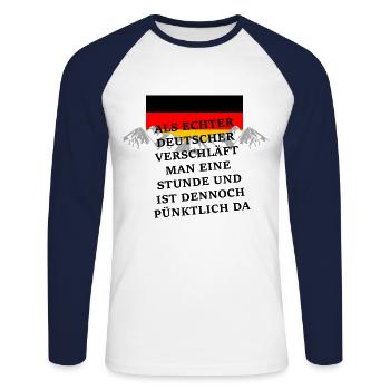 Spruch typisch deutsche Puenktlichkeit - Unisex Baseballshirt langarm - Weiß/Navy - Vorne - Nik (191cm)