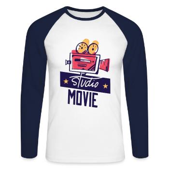 Hollywood Studio Movie avec une vieille caméra rétro - T-shirt baseball manches longues Homme - blanc/marine - Devant - Nik (191cm)