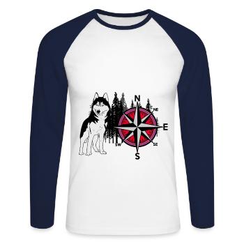 Nature Wilderness Chiens Husky Compass Windrose - T-shirt baseball manches longues Homme - blanc/marine - Devant - Nik (191cm)